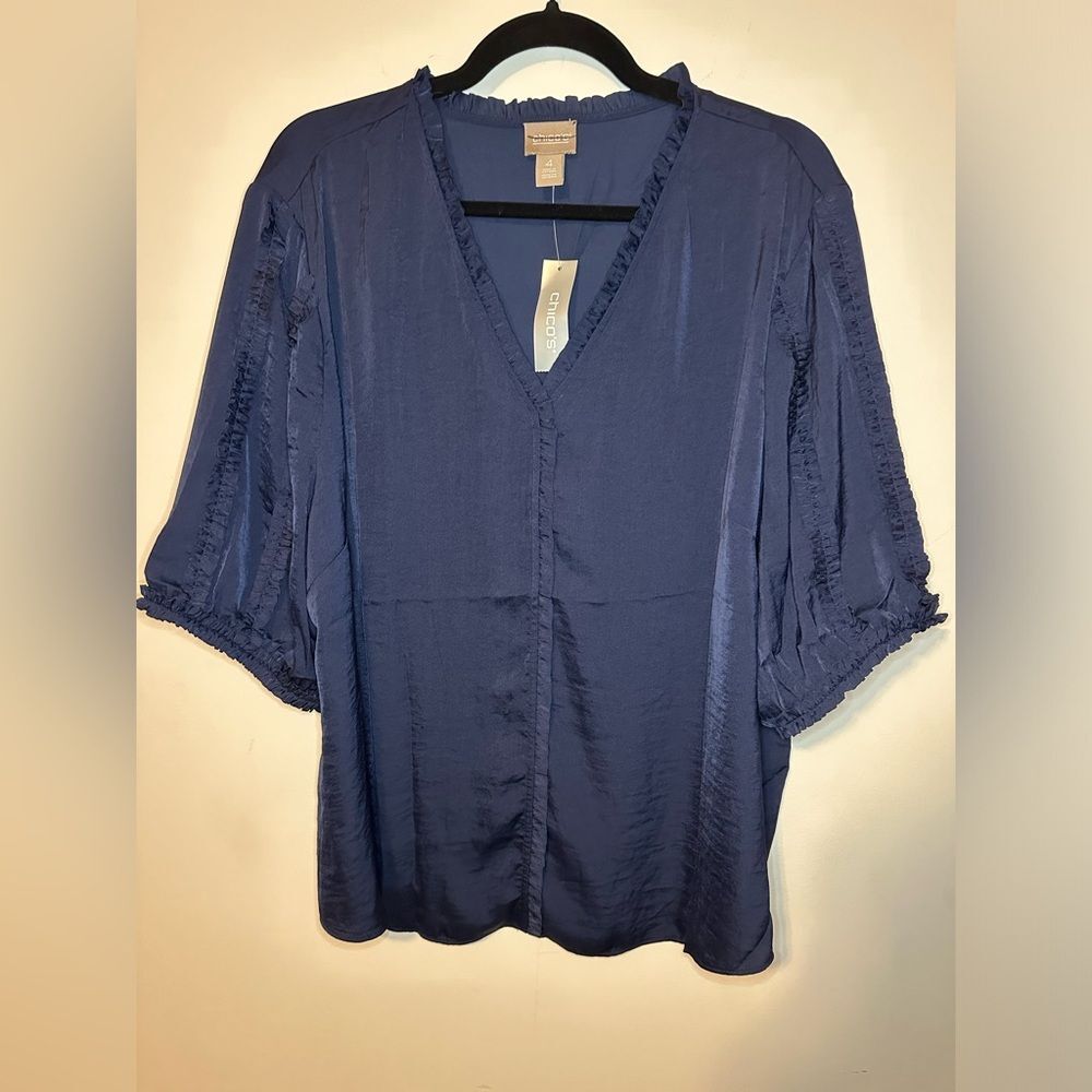 Chico's Satin Poppy Petal Ruffle Top‎ Size 4 US XXL Blue V-Neck Elbow Sleeves